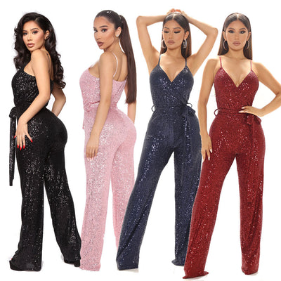 Sleeveless Open Back Solid Sequin Slim Fit Fashion Sling Jumpsuit - Her Favorite Place 4 Sure