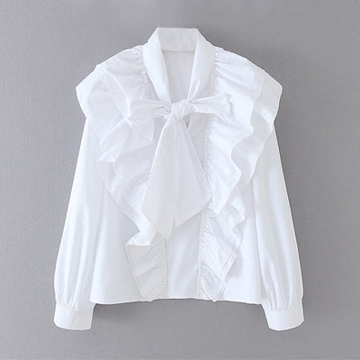 Elegant Bow Tie Collar Ruffles White Blouse Women - Her Favorite Place 4 Sure