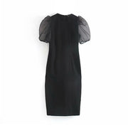 Elegant Patchwork Puff Sleeve Black Midi Dress