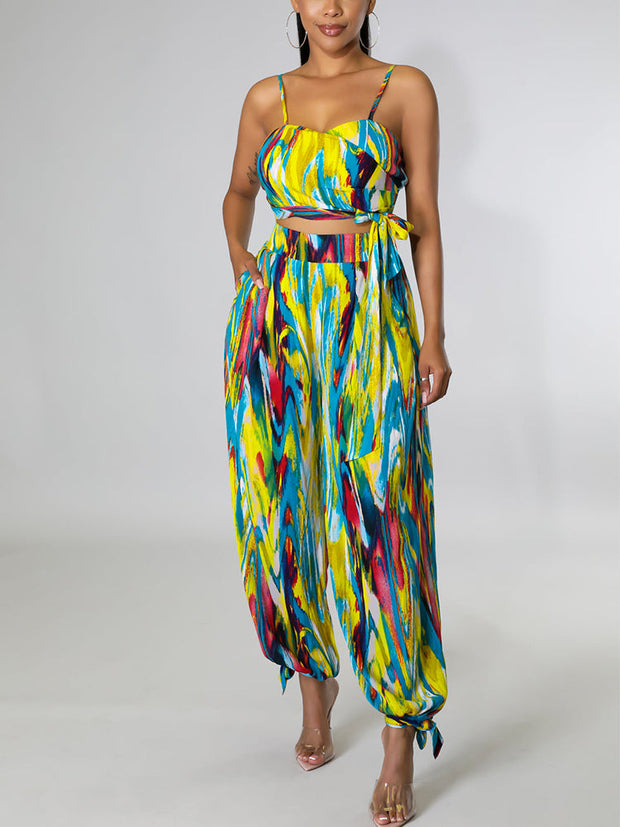 Casual Tie Dye Printed Suits Spaghetti Strap Crop Top & Loose Pants - Her Favorite Place 4 Sure