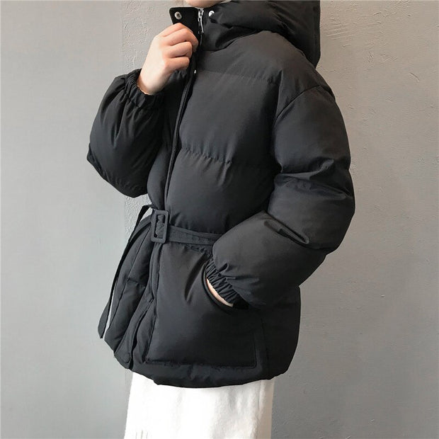 Winter Jacket Women Hooded Thick Solid Parka Belt