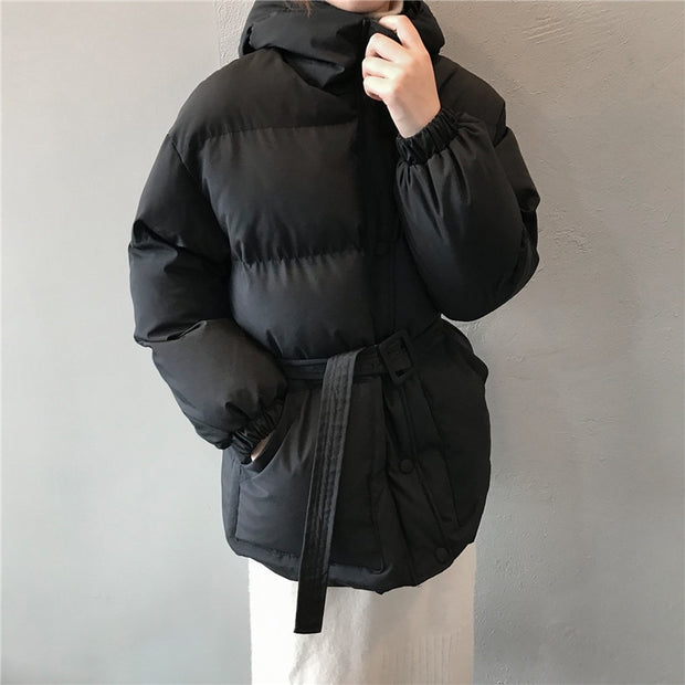 Winter Jacket Women Hooded Thick Solid Parka Belt
