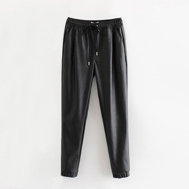 Women Black Chic PU Leather Pants Elastic Waist - Her Favorite Place 4 Sure