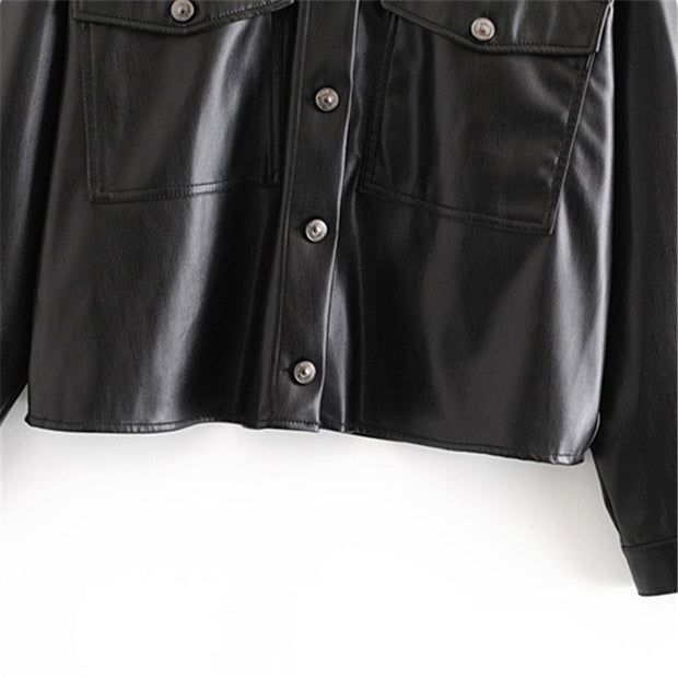 Women Black Faux Leather Coat Jacket Atumn