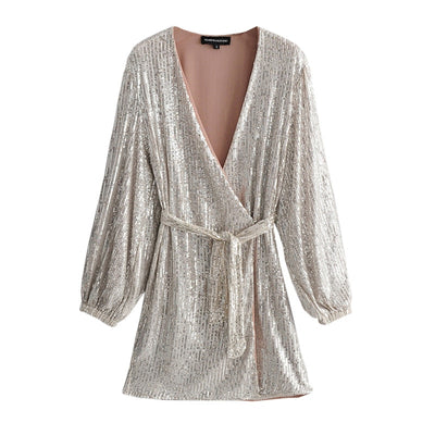 Women Sequin Party Dress Deep V neck Sexy - Her Favorite Place 4 Sure