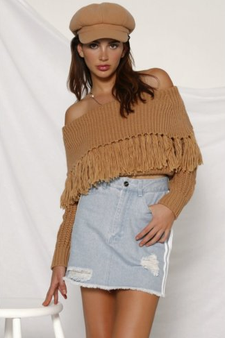 One-shoulder fringed sweater - Her Favorite Place 4 Sure