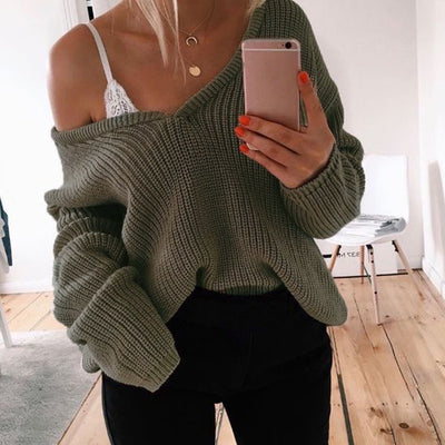 Deep V long sleeve sweater - Her Favorite Place 4 Sure