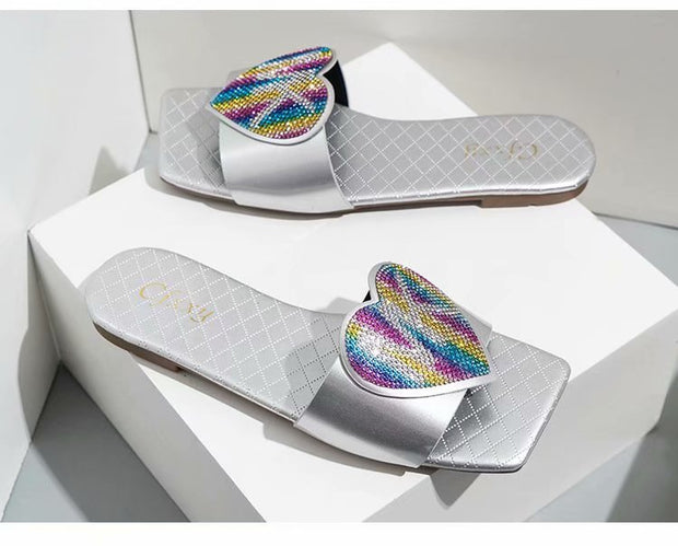 Heart-Shaped Colorful Diamond Flat Slippers Ladies Casual Slippers